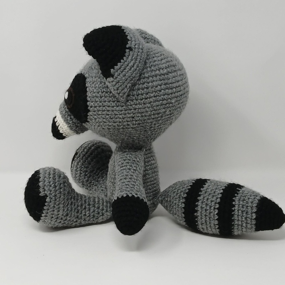 Adorable Handmade Gray Raccoon Doll Crocheted Stuffed Animal Plush Toy 13 Inches - Picture 4 of 8